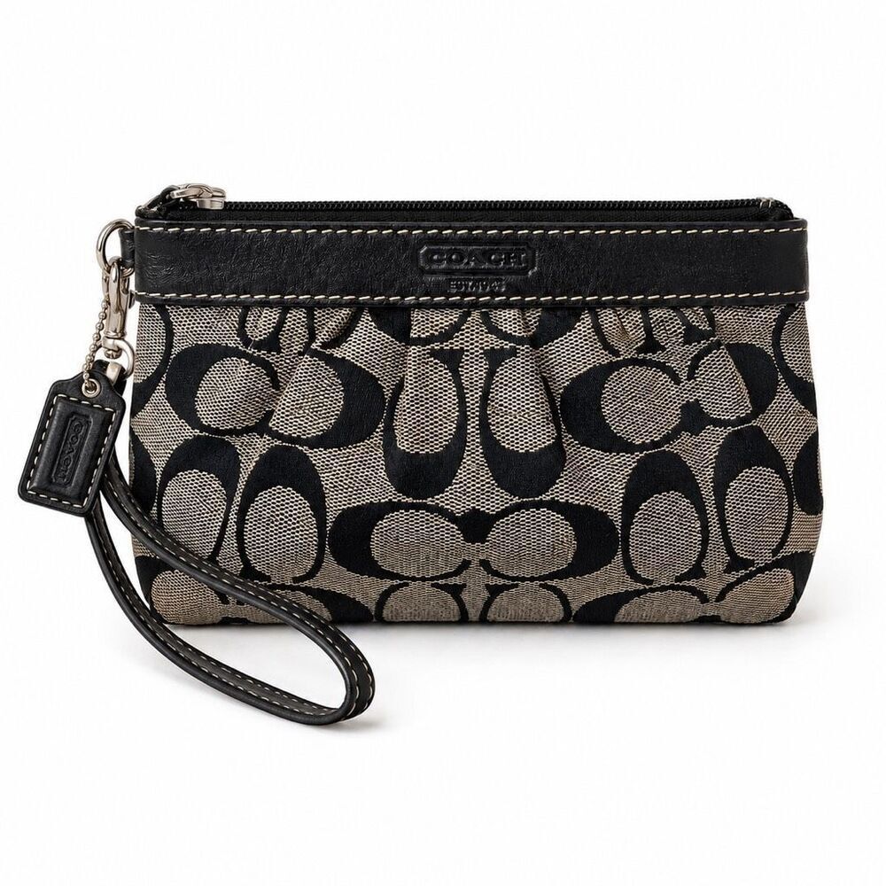 Coach Signature Soho Jacquard Wristlet Black Beige Canvas Leather Zip Clutch